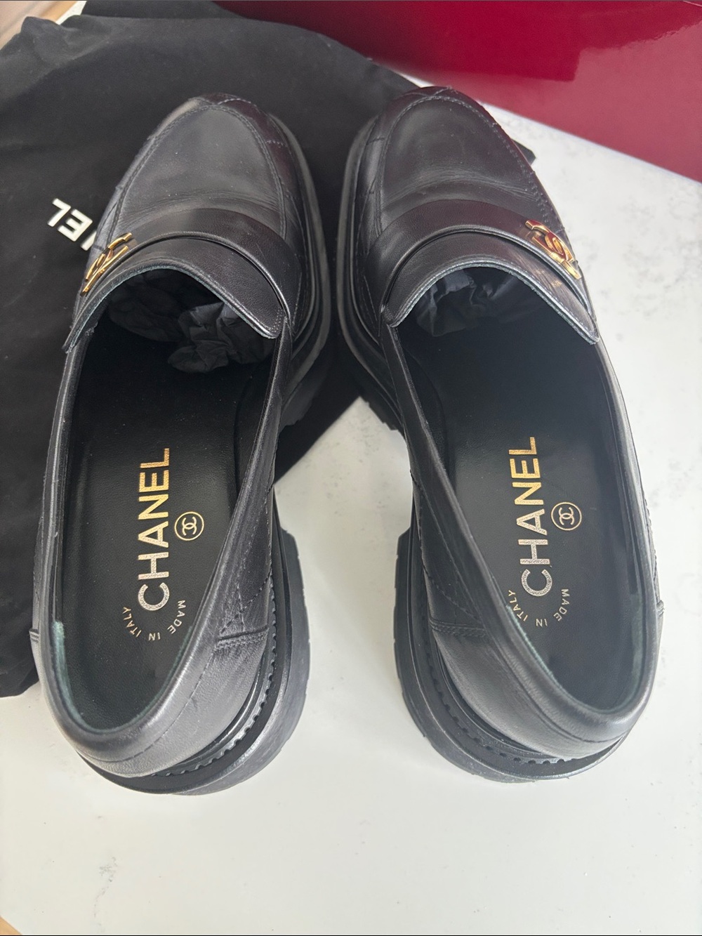 CHANEL Black Leather Loafers with Twin CC Metal Accents - Picture 3 of 5